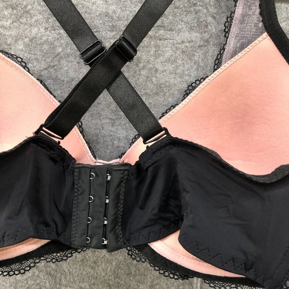 Prima Valentina Plunge Bra Black Blush Pink Lace Layer Size 40DD Lined Racerback - Picture 6 of 12